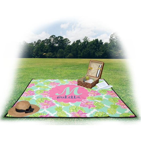 Preppy Hibiscus Picnic Blanket - with Basket Hat and Book - in Use