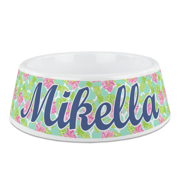 Custom Preppy Hibiscus Plastic Dog Bowl - Medium (Personalized)