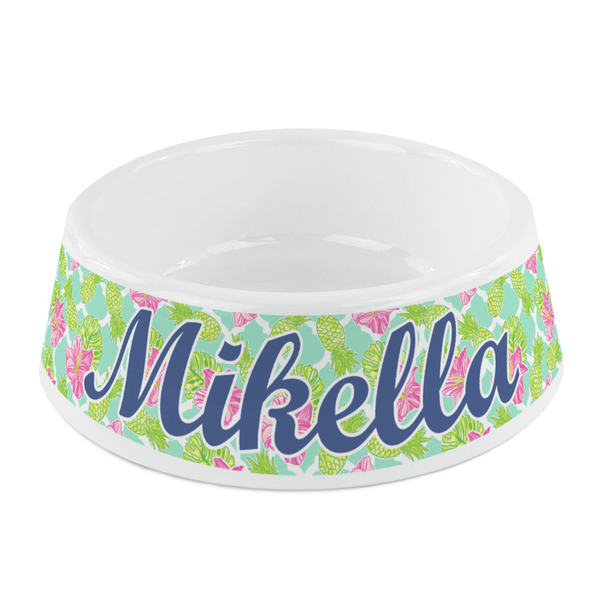 Custom Preppy Hibiscus Plastic Dog Bowl - Small (Personalized)