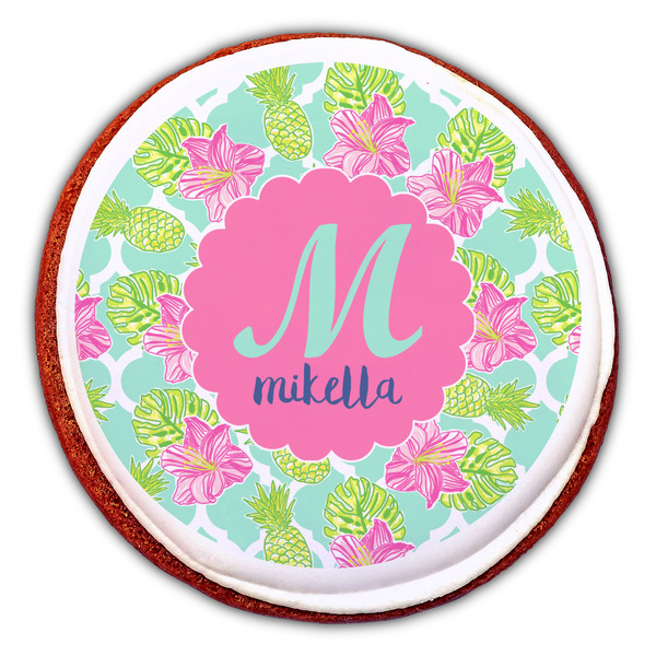 Preppy Hibiscus Printed Icing Circle - Large - On Cookie
