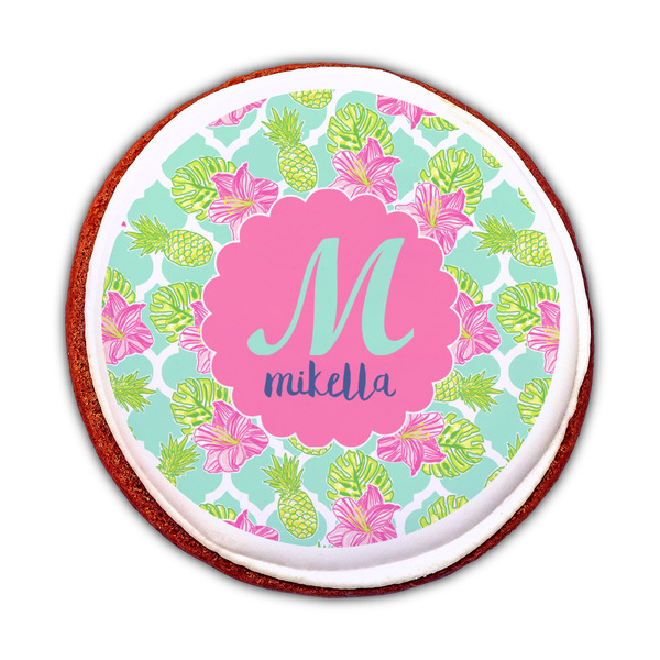 Preppy Hibiscus Printed Icing Circle - Medium - On Cookie