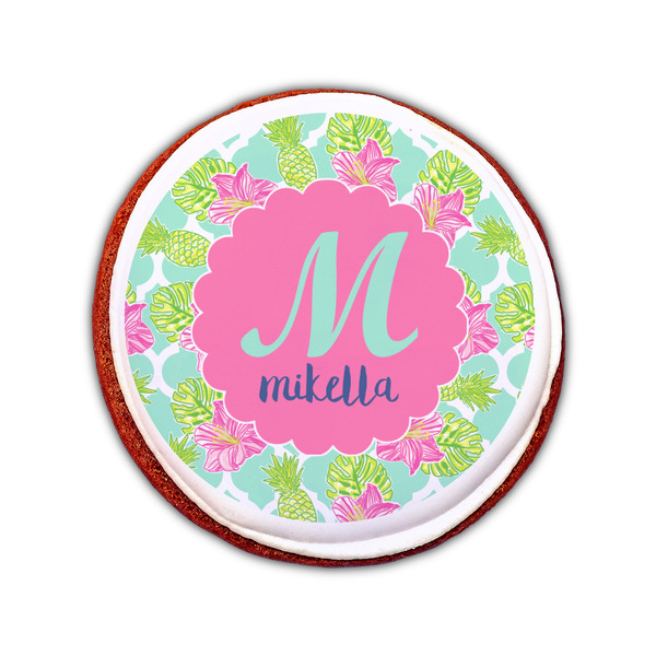 Preppy Hibiscus Printed Icing Circle - Small - On Cookie