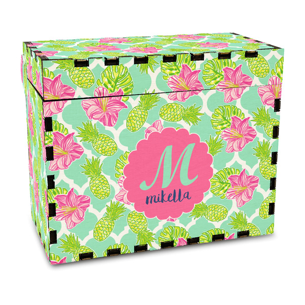 Custom Preppy Hibiscus Wood Recipe Box - Full Color Print (Personalized)