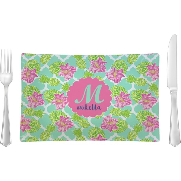 Custom Preppy Hibiscus Rectangular Glass Lunch / Dinner Plate - Single or Set (Personalized)