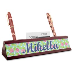 Preppy Hibiscus Red Mahogany Nameplate with Business Card Holder (Personalized)