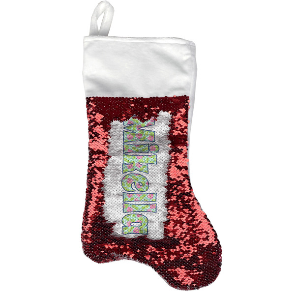 Custom Preppy Hibiscus Reversible Sequin Stocking - Red (Personalized)