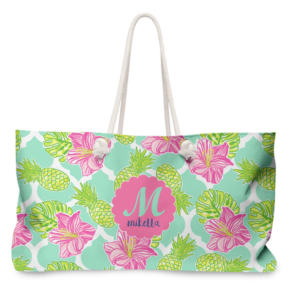 Custom Preppy Hibiscus Large Tote Bag with Rope Handles (Personalized)