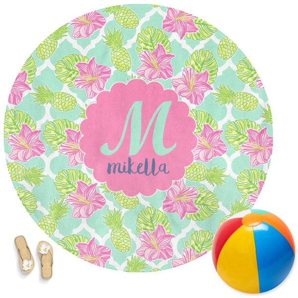 Custom Preppy Hibiscus Round Beach Towel (Personalized)