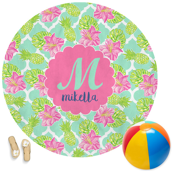 Custom Preppy Hibiscus Round Beach Towel (Personalized)