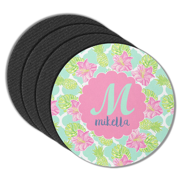 Custom Preppy Hibiscus Round Rubber Backed Coasters - Set of 4 (Personalized)