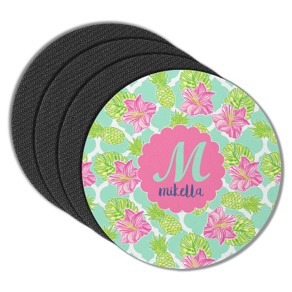 Custom Preppy Hibiscus Round Rubber Backed Coasters - Set of 4 (Personalized)