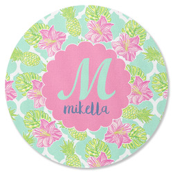 Preppy Hibiscus Round Rubber Backed Coaster (Personalized)