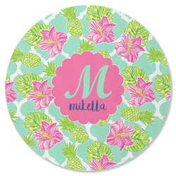 Preppy Hibiscus Round Rubber Backed Coaster (Personalized)