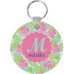 Preppy Hibiscus Round Plastic Keychain (Personalized)