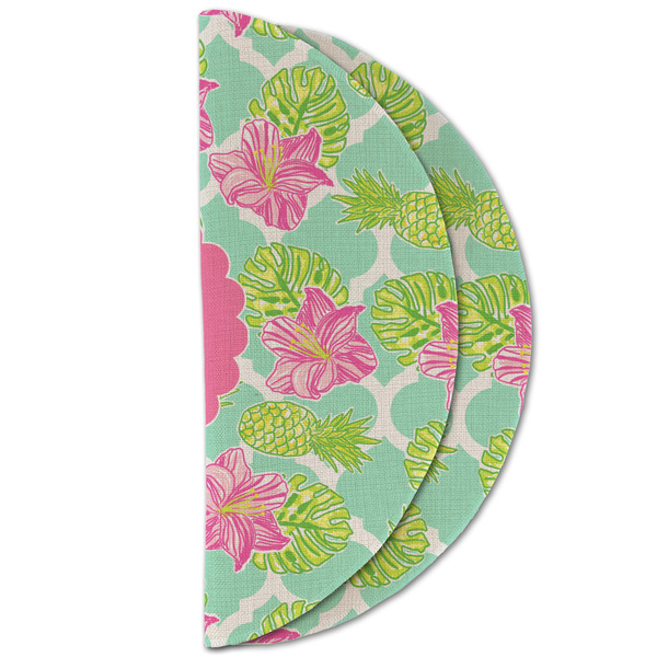 Preppy Hibiscus Round Linen Placemats - HALF FOLDED (double sided)