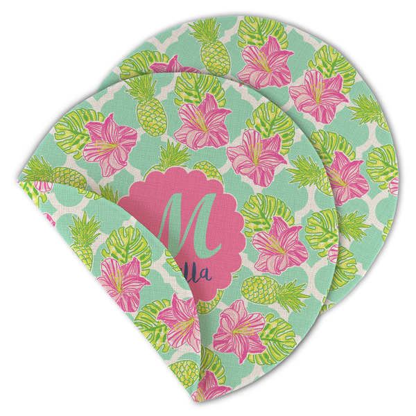 Custom Preppy Hibiscus Round Linen Placemat - Double Sided (Personalized)