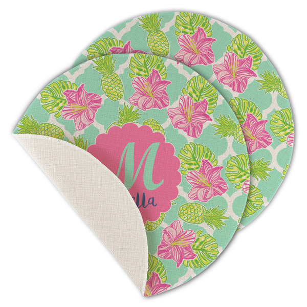 Custom Preppy Hibiscus Round Linen Placemat - Single Sided - Set of 4 (Personalized)