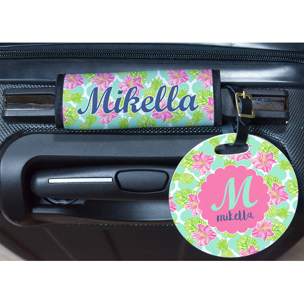 Preppy Hibiscus Round Luggage Tag & Handle Wrap - In Context
