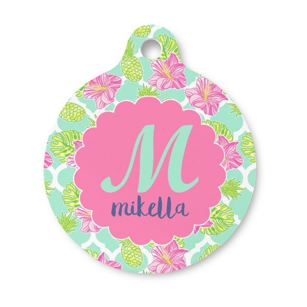 Custom Preppy Hibiscus Round Pet ID Tag - Small (Personalized)