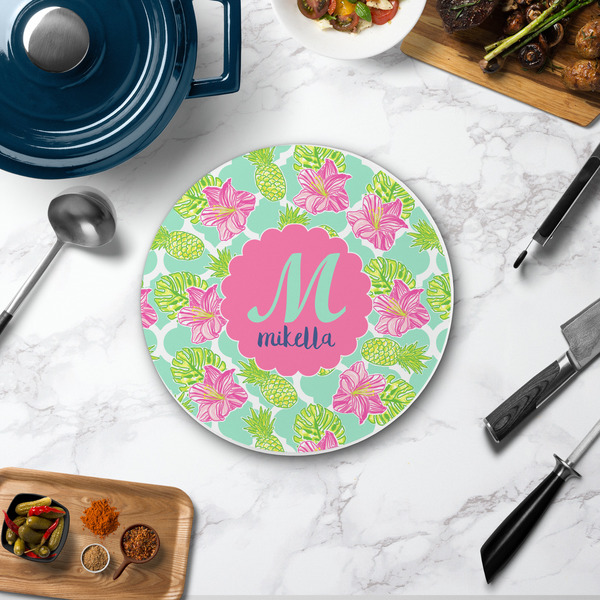 Preppy Hibiscus Round Stone Trivet - In Context View