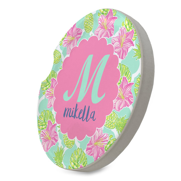 Preppy Hibiscus Sandstone Car Coaster - STANDING ANGLE