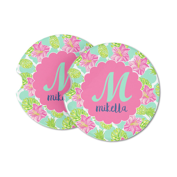 Custom Preppy Hibiscus Sandstone Car Coasters - Set of 2 (Personalized)