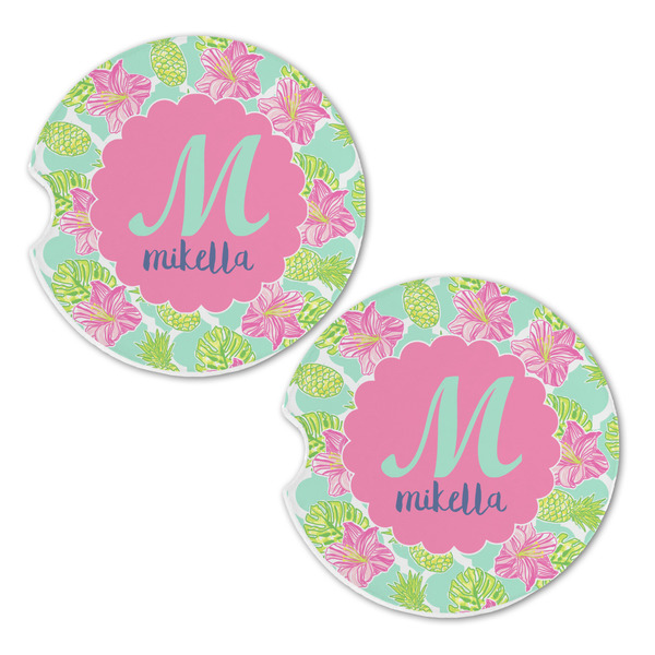 Preppy Hibiscus Sandstone Car Coasters - Set of 2