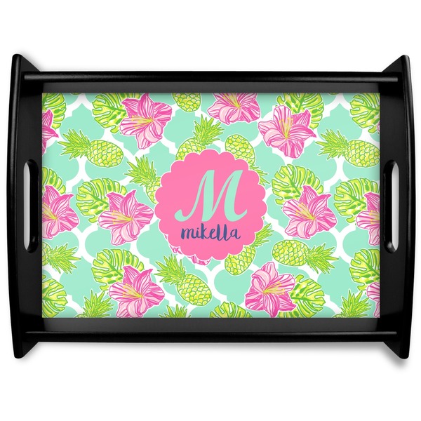 Custom Preppy Hibiscus Black Wooden Tray - Large (Personalized)