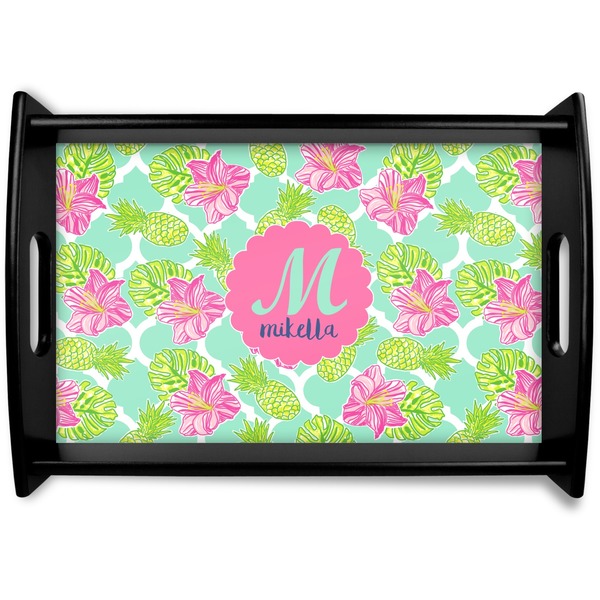 Custom Preppy Hibiscus Black Wooden Tray - Small (Personalized)