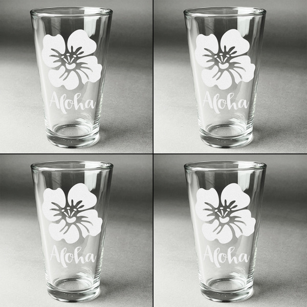Preppy Hibiscus Set of Four Engraved Beer Glasses - Individual View