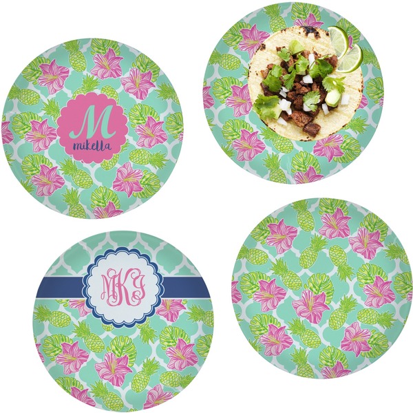Custom Preppy Hibiscus Set of 4 Glass Lunch / Dinner Plate 10" (Personalized)