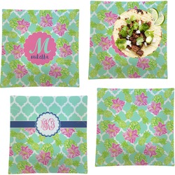 Preppy Hibiscus Set of 4 Glass Square Lunch / Dinner Plate 9.5" (Personalized)