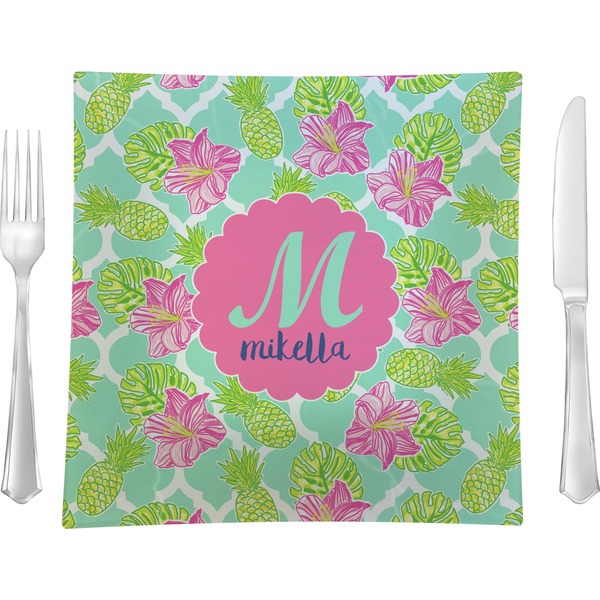 Custom Preppy Hibiscus Glass Square Lunch / Dinner Plate 9.5" (Personalized)