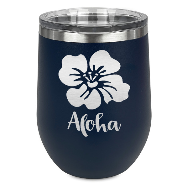Custom Preppy Hibiscus Stemless Stainless Steel Wine Tumbler - Navy - Double Sided (Personalized)
