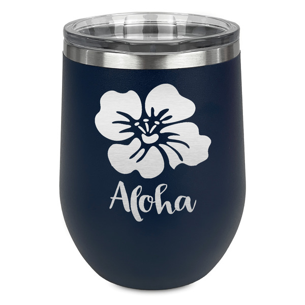 Preppy Hibiscus Stainless Wine Tumblers - Navy - Single Sided - Front