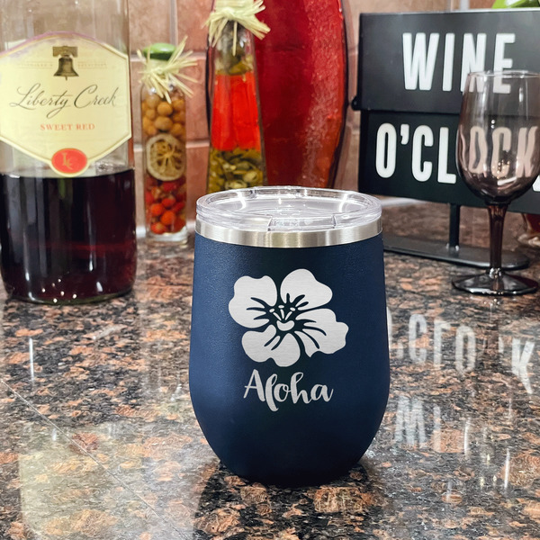 Preppy Hibiscus Stainless Wine Tumblers - Navy - Single Sided - In Context