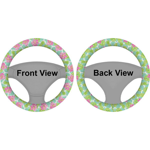 Preppy Hibiscus Steering Wheel Cover- Front and Back