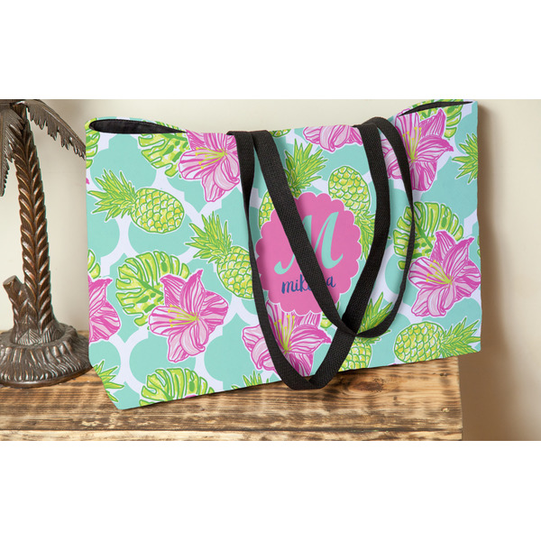 Preppy Hibiscus Tote w/Black Handles - Lifestyle View