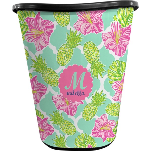 Custom Preppy Hibiscus Waste Basket - Double Sided (Black) (Personalized)