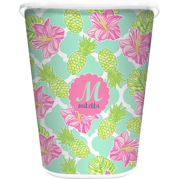 Custom Preppy Hibiscus Waste Basket - Double Sided (White) (Personalized)