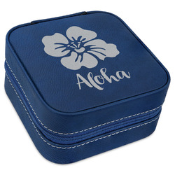 Preppy Hibiscus Travel Jewelry Box - Navy Blue Leather (Personalized)