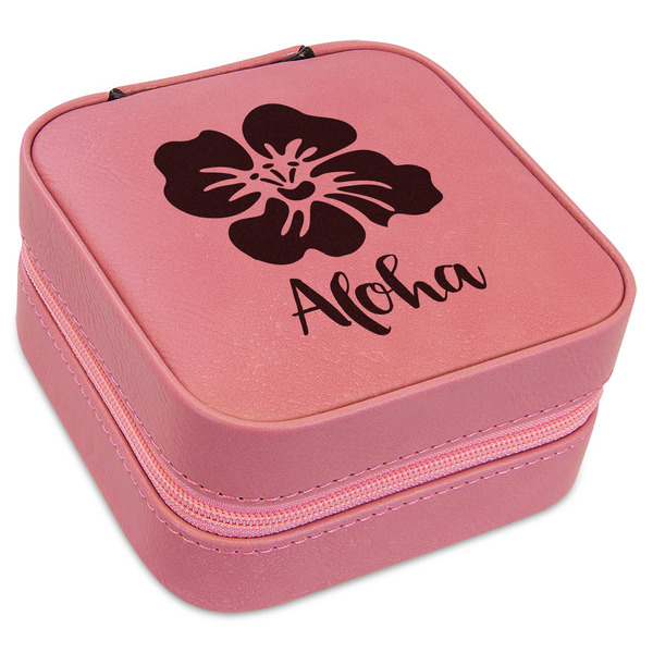 Custom Preppy Hibiscus Travel Jewelry Boxes - Pink Leather (Personalized)