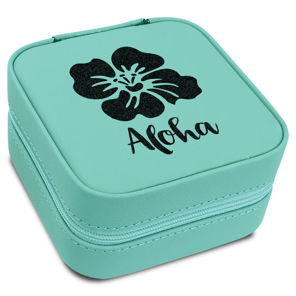Custom Preppy Hibiscus Travel Jewelry Box - Teal Leather (Personalized)
