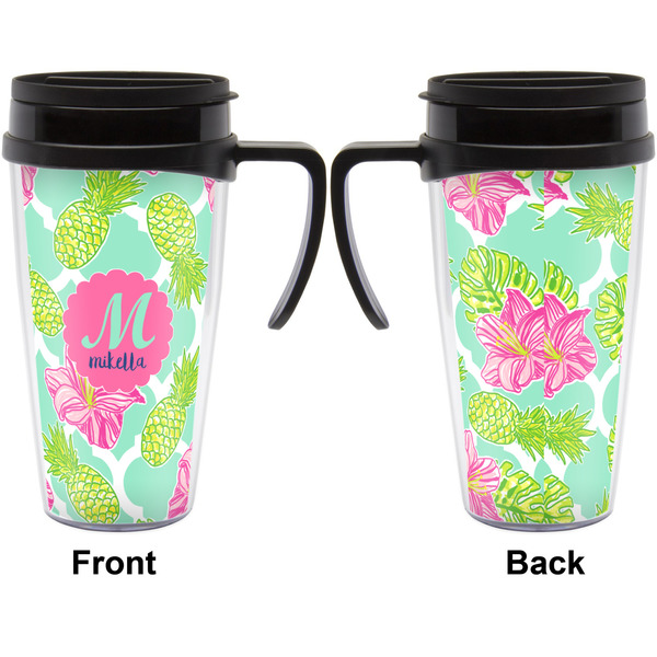 Preppy Hibiscus Travel Mug with Black Handle - Approval