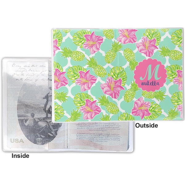 Preppy Hibiscus Vinyl Passport Holder - Flat Front and Back