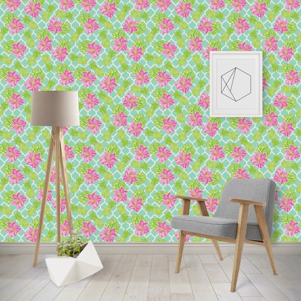 Custom Preppy Hibiscus Wallpaper & Surface Covering (Water Activated - Removable)