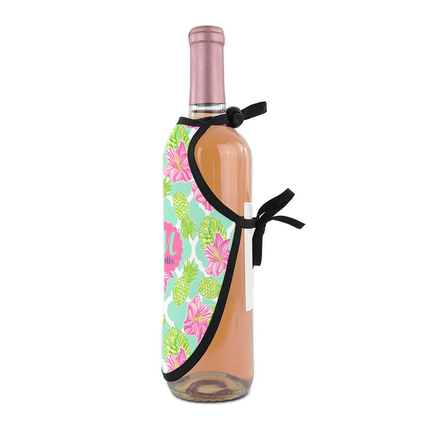 Preppy Hibiscus Wine Bottle Apron - DETAIL WITH CLIP ON NECK