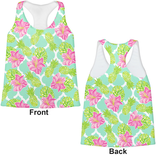 Preppy Hibiscus Womens Racerback Tank Tops - Medium - Front and Back