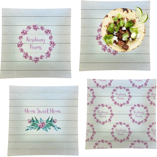 Custom Farm House Set of 4 Glass Square Lunch / Dinner Plate 9.5" (Personalized)