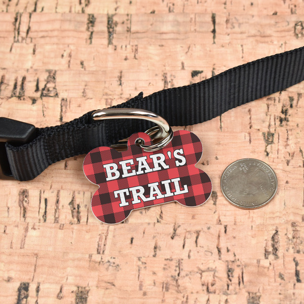 Lumberjack Plaid Bone Shaped Dog ID Tag - Large - In Context